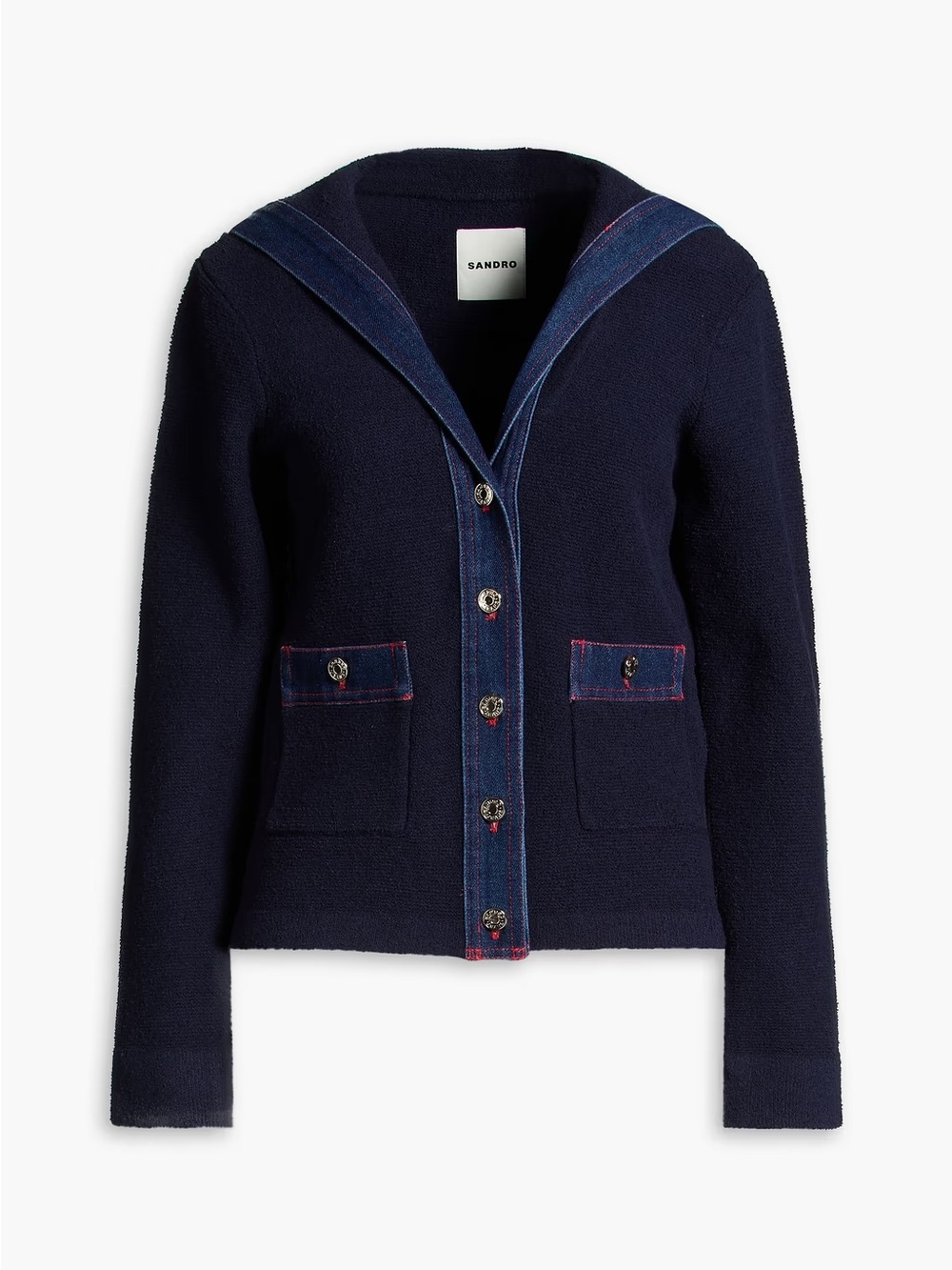 NWT Sandro Navy Blue Button-Up Hooded Cardigan with Denim Trim - Picture 2 of 4